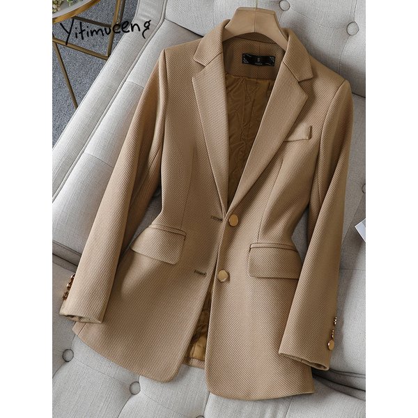 Yitimuceng Solid B For Women 2023 Fashion Office Lady Single Breasted Spring Coat Chic Elegant Slim Long Sleeves-image