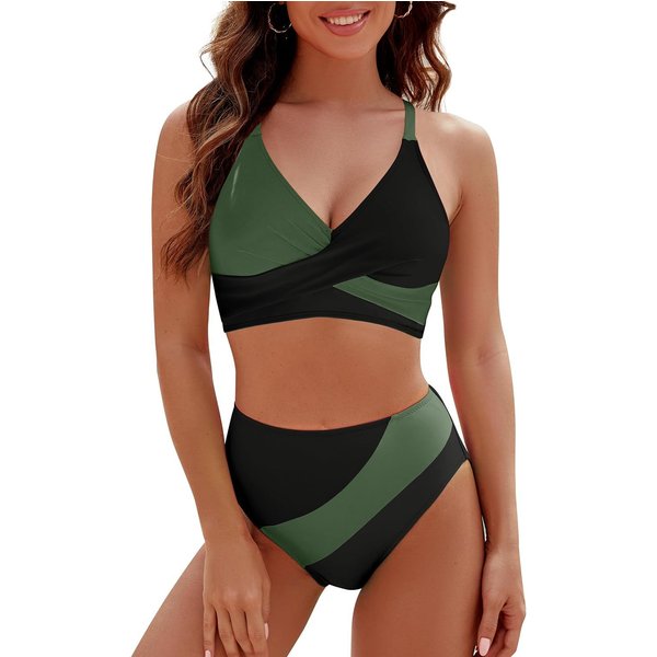 Women's Contrast Color 2 Piece Swimsuit Strap Cross Bra Top Bikini Set for Beach Vacation