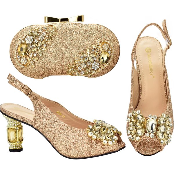 Frosted Parquet Diamond All-In-One Round Head Fish Mouth Casual High-Heeled Fashion Sandals With Clutch Set-image