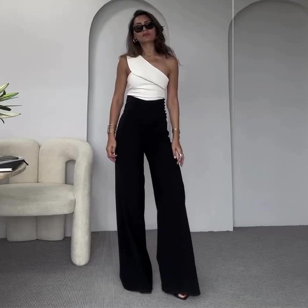 Women's Clothing Summer New Fashion Solid Color Oblique Collar Slim Fit Top High Waist Wide Leg Pants Suit-image