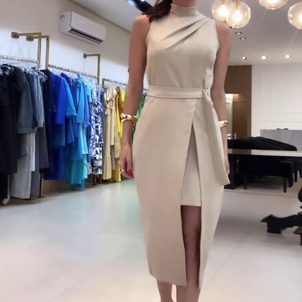 Women's Clothing Solid Color Fashion Round Neck Pleated Slit Slim Dress-image