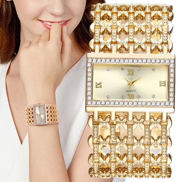Fashion 2023 Square Diamond Quartz Casual Gold Stainless Steel Women's Watch