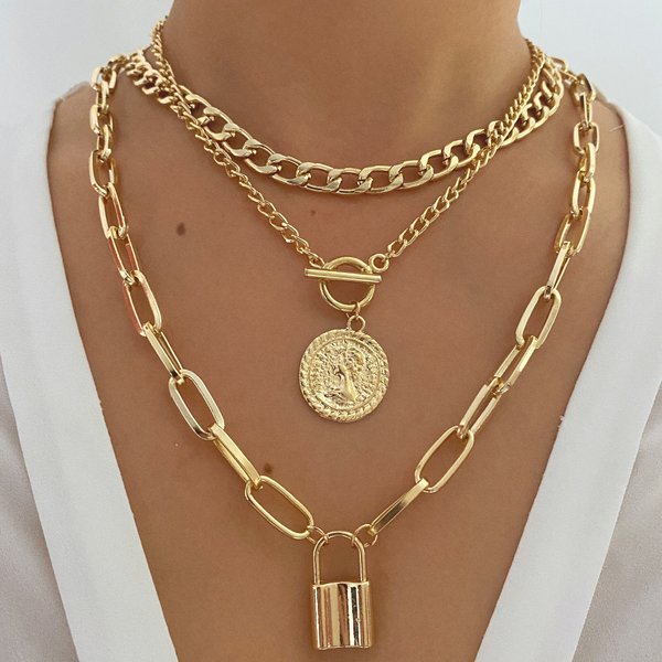Elegant Women's Necklace Set - Minimalist Alloy Medallion Pendant With Ot Clasp, Gold/Silver Layered Collarbone Chain-image