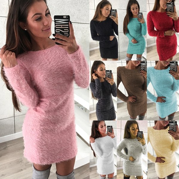 Women's Clothing Women's New Independent Station Slim Long Sleeved Plush Dress-image