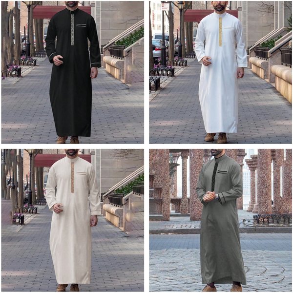 Men's Clothing Muslim Men's Long Sleeved Embroidered Stand Up Collar Style Loose Men's Casual Robe