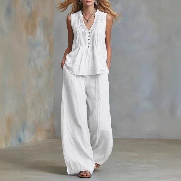 Women's Clothing Women's Pleated Linen Cotton Suit Sleeveless V Neck Casual Solid Color For Formal & Casual For Women-image