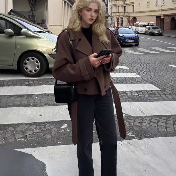 New Cross Border Foreign Trade European And American Women's Clothing Large Lapel Wool Fashion Short Belt Coat Jacket-image
