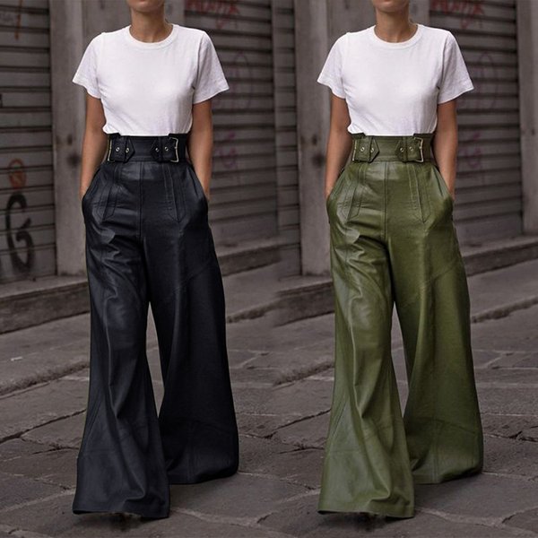 Women's Clothing Leather Pants High Waist Loose Pocket Waist Pu Leather Flared Pants Casual Trousers