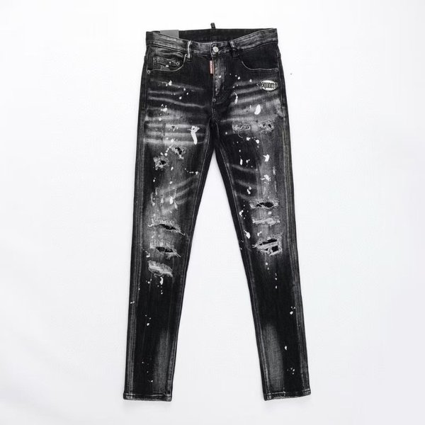 Men's Slim Fit Skinny Jeans Ripped Paint Splatter Design Patchwork Mid Waist Long Pants With Slight Stretch Elasticity-image