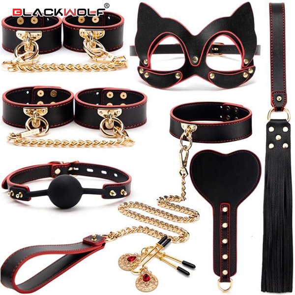 Bondage Set Blackwolf Made Of Genuine Leather, Bdsm, Fetish, Handcuffs, Collar, Gag, Whip, Erotic Games Couples,-image