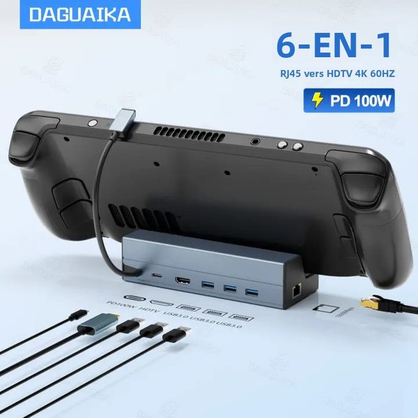 Deck Dock 6 In 1 Steam Deck/Rog Ally 2023 Docking Station Stand 3*USB 3.0 Hdtv 4K@60Hz Gigabit Ethernet Pd 100W Hub-image