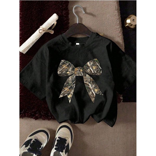Kids’ Clothing Digital Bow Middle And Large Children's Loose Trendy Brand Round Neck Short Sleeved T Shirt Top Children's Clothing-image