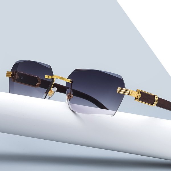 Men's Wood Grain Temple Metal Rimless Sunglasses Style Irregular Square Fashion Eyewear Black-image