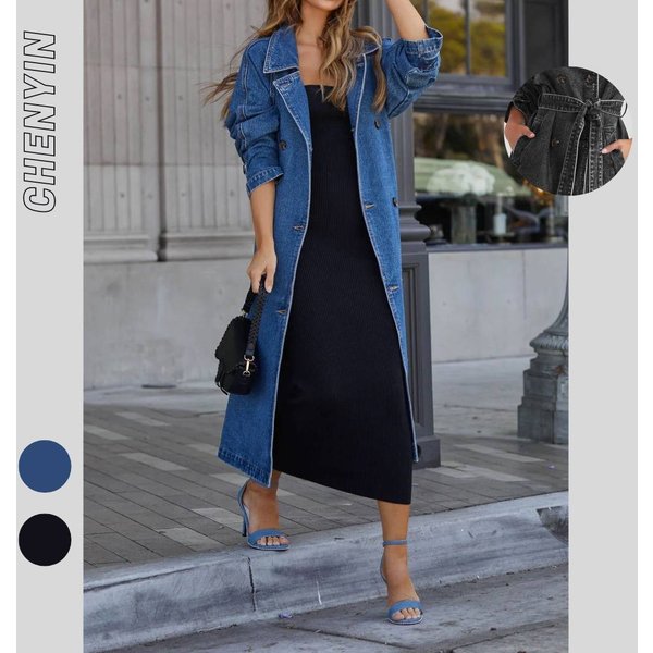 Women's Clothing Windbreaker Denim Cotton Solid Color Double Pocket Long Button Loose Coat-image