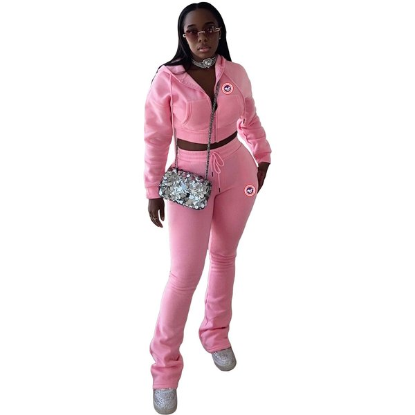 Women's Fashion Zipper Sweatshirt Hooded Cardigan Slim Fit Layered Flared Pants Two-Piece Set-image