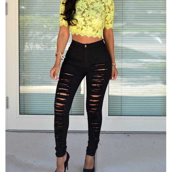 Women's Large Hole Jeans Women's Trendy Personality Beggars Frayed Elastic Small Leg Pants