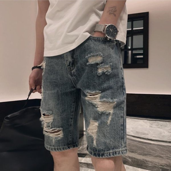 Men's Clothing Men's Distressed Denim Shorts - Summer Casual Loose Fit Low Waist Straight Leg Washed Light Blue Shorts For Teen Boys & Young Adults-image