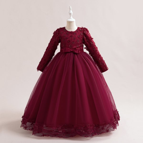 Kids Clothing Long Sleeved Applique Princess Dress Flower Girl Dress Performance Skirt-image