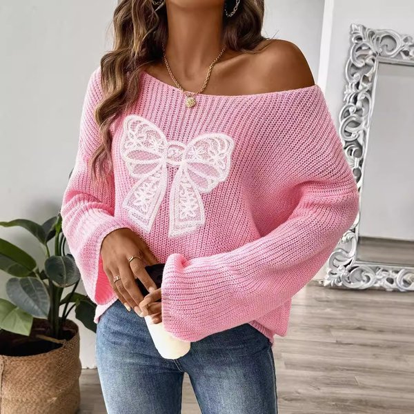 Women's Clothing Ladies Pullover Sweater One Shoulder Off Shoulder Trumpet Sleeve Sweater-image