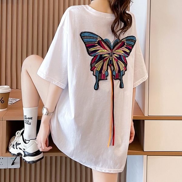 Women's Design Sense Red Embroidery Short-Sleeved T-Shirt Women Korean Version Fashion Long Style-image