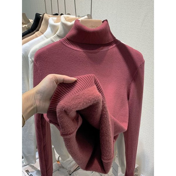 Turtleneck Winter Sweater Women Elegant Thicken Velvet Lined Warm Sueter Knitted Pullover Slim Tops Jersey Knitwear Jumper New-image