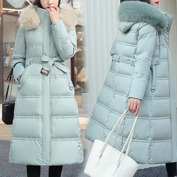 Women's Clothing Winter New Cotton Jacket Large Fur Collar Medium Length Slim Belt Slim Temperament Down Cotton Jacket Women's Jacket