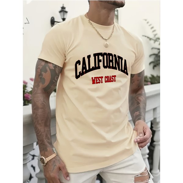 100% Pure Cotton Men's Spring And Autumn Fashion Short Sleeved California West Coast Printed Casual Slim Fit Versatile Top