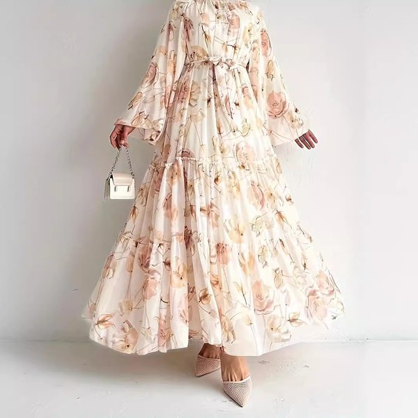 Muslim Women's Elegant Chiffon Dress - Floral Print Long Maxi Dress-image