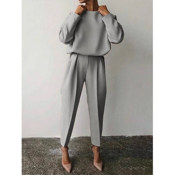 Women's Loose Solid Color Long Sleeve Casual Two-Piece Set-image