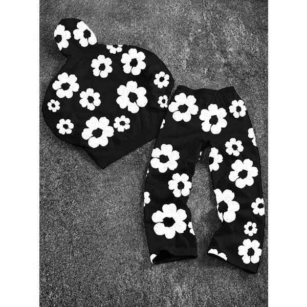 Men's Clothing Men's Summer Black And White Floral Print Shorts, Trendy And Stylish Casual Sports Pants, New Arrival For Spring And Summer.-image
