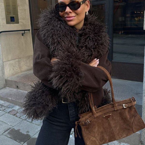 Women's Clothing Faux Fur Coat – Slim-Fit Long Sleeve Jacket With Plush Collar, Winter Outerwear (Dark Brown)-image