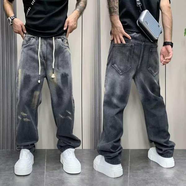 Streetwear Splatter Paint Jeans – Unisex High-Waisted Wide Leg Denim With Graffiti Wash (M-3XL, 90S Hip Hop, Distressed Hem, Vintage Baggy Fit)-image