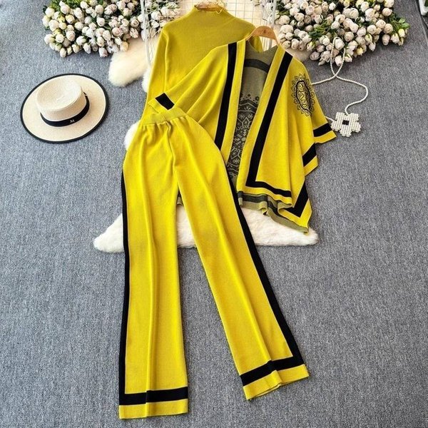 Women's Clothing Winter Fashion Suit Design Color Matching Long Sleeved Knitted Cardigan Sweater Versatile High Waist Wide Leg Pants Three Piece Suit-image