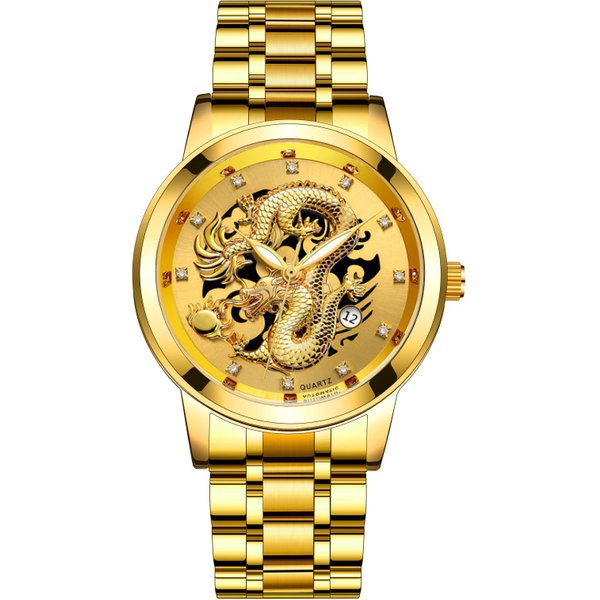 Foreign Trade Hot Fashion Calendar Men's Watch Men's Watch Steel Belt Non-Mechanical Business Waterproof Square Diamond Chinese Dragon Watch-image