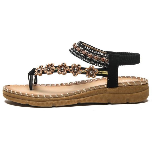 Women's Fashion Large Size Flat Sandals Flower Rhinestone Sandals Open Toe Beach Sandals-image