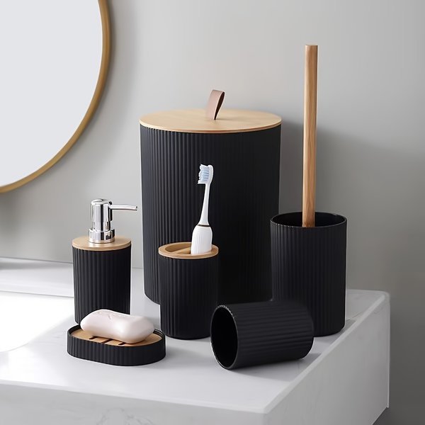 1Pc Bathroom Accessories Set, 6 Piece Bathroom Accessory Set With Trash Can, Toothbrush Holder, Lotion Soap Dispenser, Soap Dish, Toilet Brush-image