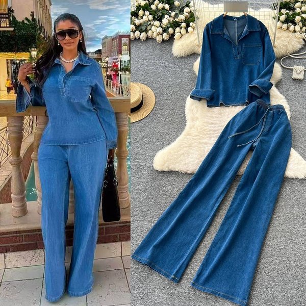 Women's Clothing Light Mature Style High End Retro Lapel Long Sleeved Denim Top For Women 2025 Autumn High Waist Casual Wide Leg Straight Pants-image