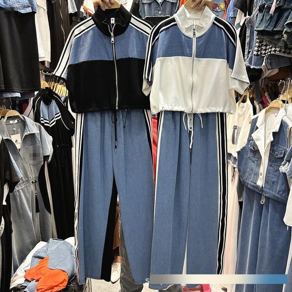 Women's Contrast Trim Denim Two-Piece Set - Stand Collar Top & Wide Leg Pants, Summer Sporty Chic Outfit