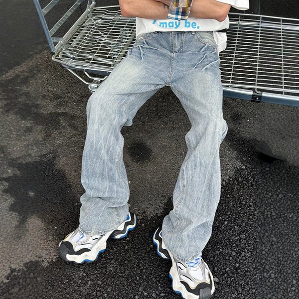 Men's American Style Straight Leg Jeans Retro Trendy Brand Niche Street Style Washed Casual Pants Slightly Flared
