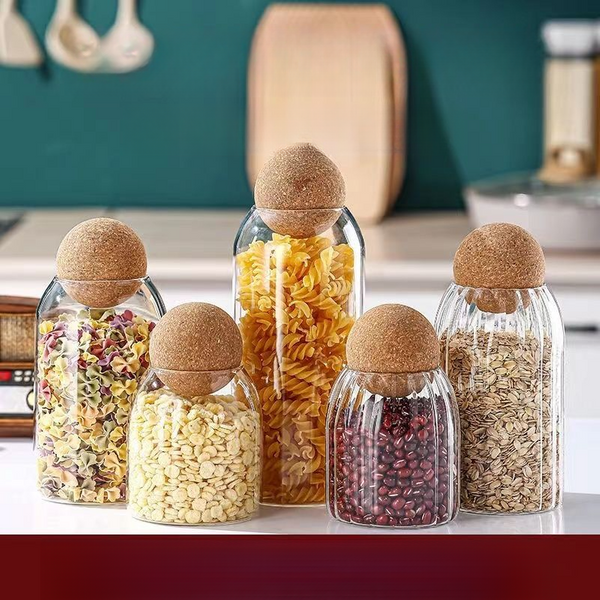 Transparent Glass Moisture-Proof Tea Round Wooden Ball With Lid Stopper, Coffee Bean Sealed Jar, Creative Storage Bottle-image