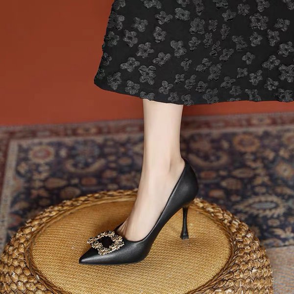 Black High-Heeled New Plus Size Women's Shoes, Not Tiring For Feet. 3Cm 5Cm Rhinestone French Pointed Work Order Shoes-image