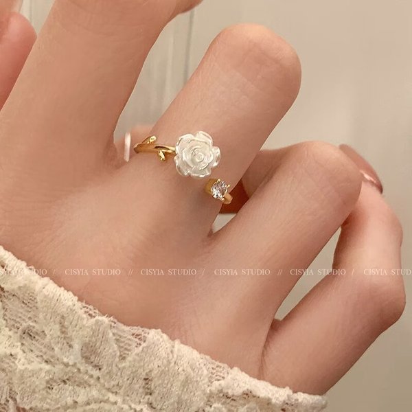 French Style New Camellia Sweet Girl Heart Personality Sister Rose Flower Adjustable Bestie Couple Ring