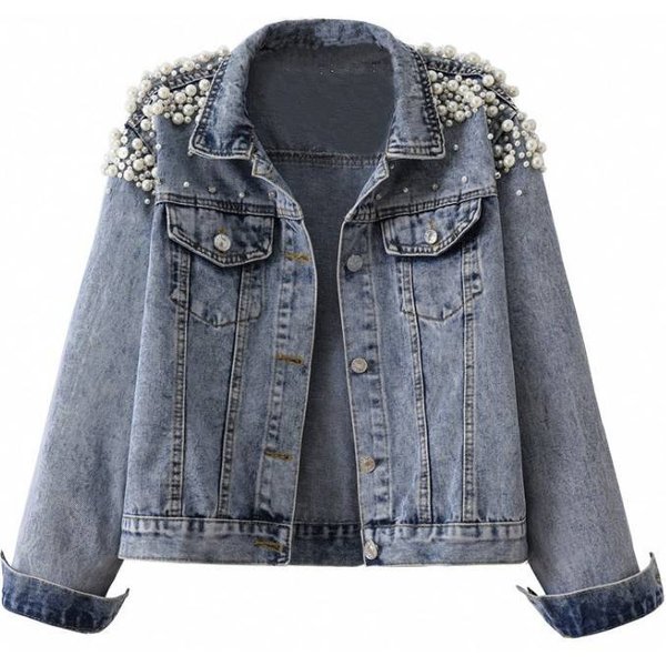 Women's Embroidered Denim Jacket With Beads & Pearls – Oversized Casual Coat, Comfortable & Stylish, S-5XL (Black/Blue)-image