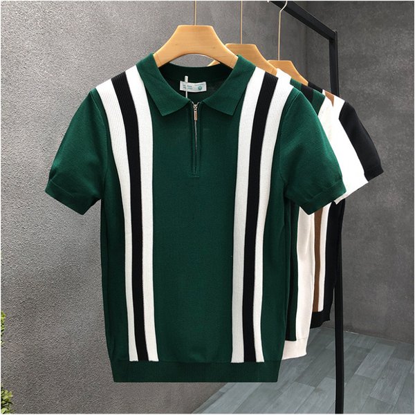 Men's Clothing Summer Men's New Color Matching Striped Knitted Polo Shirt Gentleman Lapel Short Sleeved Knitted T Shirt-image