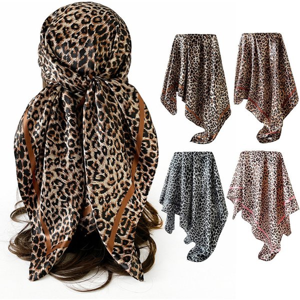 Women's Large Square Scarves Leopard Print Satin Fabric 90% Imitation Silk European American Style Moss Headscarves-image
