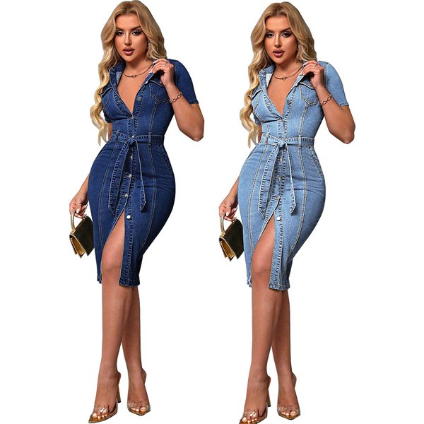Women's Clothing Denim Collared Short Sleeved Fitted Dress, Denim Collar Dress For Women - Slim Fit Short Sleeve Midi Dress In Light & Dark Blue-image