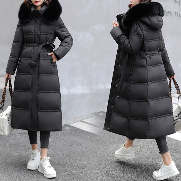 Women's Clothing Down Cotton Women's Long Over-The-Knee Belt Slim-Fit Fashion Jacket-image