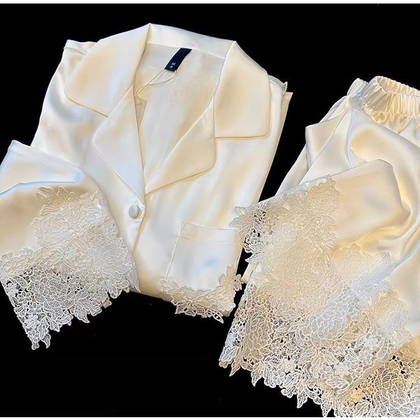 Inspired Women's Lace Trimmed Ice Silk Pajamas Set Plus Size High-End Soft Comfortable French Style Loungewear For Spring Autumn-image