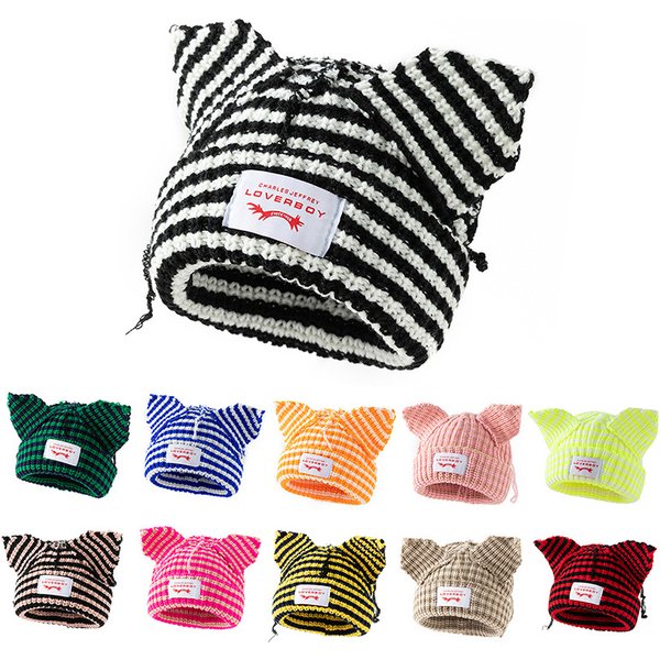 Striped Knit Beanie With Cat Ears - Soft Acrylic Winter Hat For Warmth And Style - Trendy Couple's Fashion Accessory Trendy Brand Couple Cold Hat