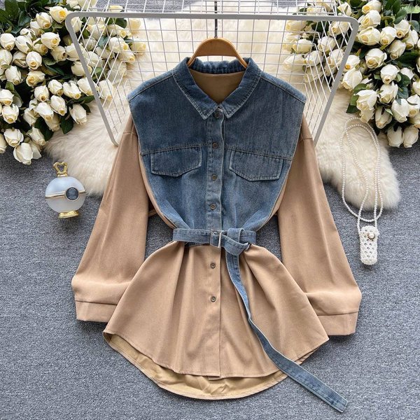 Women's Sleepwears Waist Long Sleeved Shirt Summer High End Cold Style Denim Splicing Shirt Skirt-image